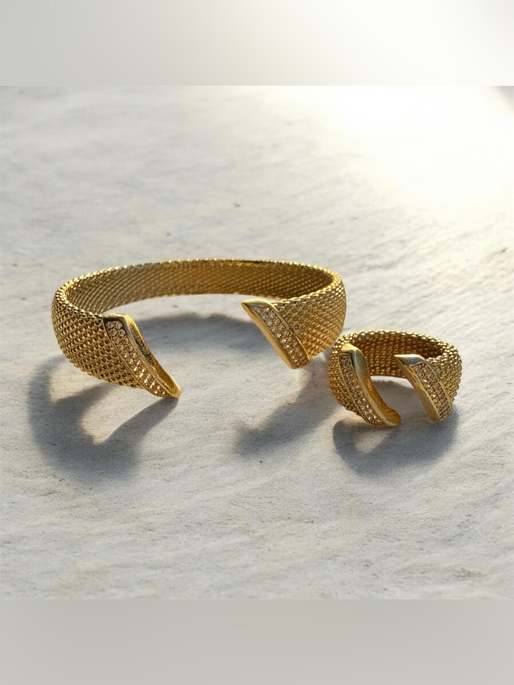 Gold Mesh Open Cuff Bracelet & Matching Bypass Ring Set – Pavé Crystal Accents